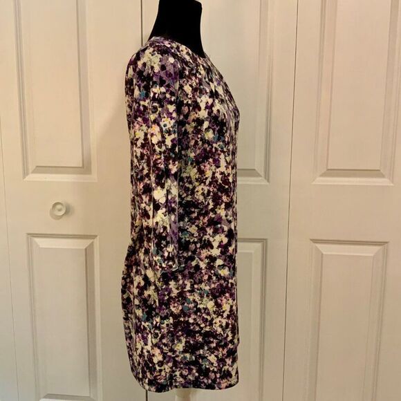 H&M Black Purple Splatter Floral Print Shift Dress Medium - Picture 8 of 12